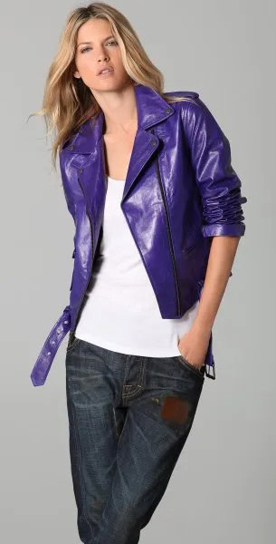 Bright Purple Leather Jacket with White Tank Top & Jeans