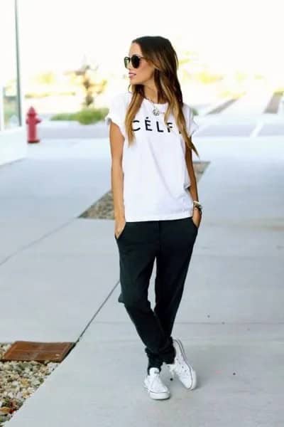 White Logo Tee with Black Jogger Jeans & Sneakers