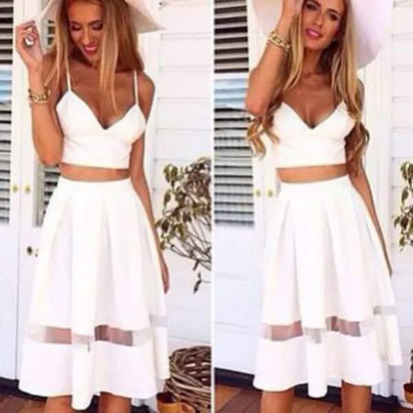 White Sweetheart Form Fitting Crop Top with High Rise Flared Midi Skirt