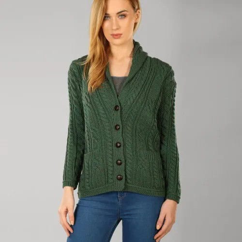 Dark Green Cable Knit Sweater with Unwashed Blue Skinny Jeans