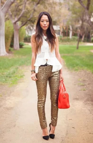 White Sleeveless Chiffon Ruffle Top with Gold Sequin Skinny Pants