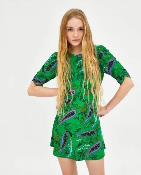 Green and Blue Printed Half Sleeve Mini Chiffon Dress