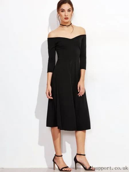 Black Off The Shoulder Midi Back Zipper Dress with Choker