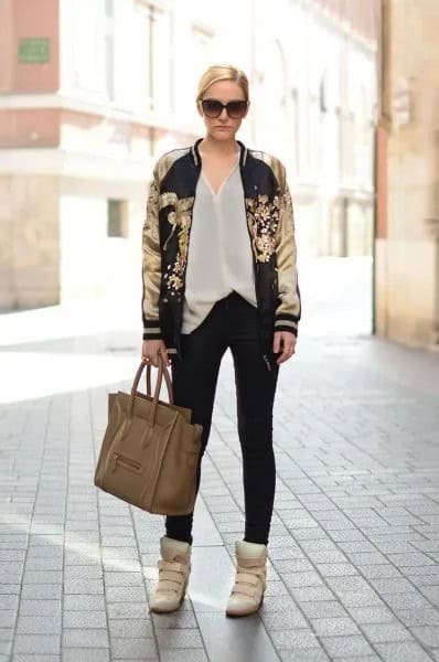 Black and Gold Printed Bomber Jacket with White Chiffon Shirt