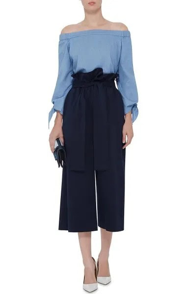 Sky Blue Off The Shoulder Blouse with Black Wide Leg Cropped Twill Pants