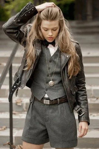 Black Leather Jacket with Grey Vest & Matching Shorts