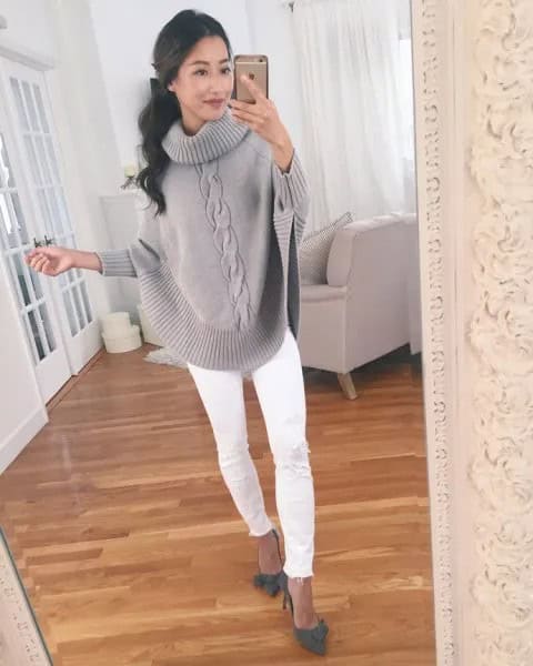 Grey Cable Knit Wide Sleeve Sweater with White Slim Fit Jeans