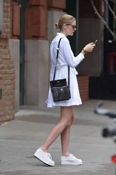 White Fit and Flare Long Sleeve Shirt Dress with Black Over The Shoulder Purse