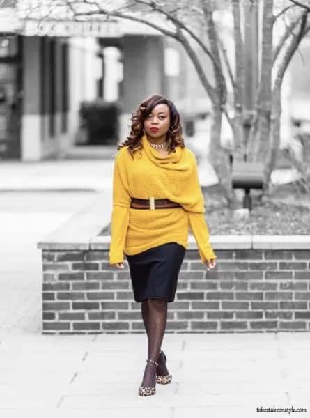 Belted Half Sleeve Sweater Over Long Sleeve Yellow Tee