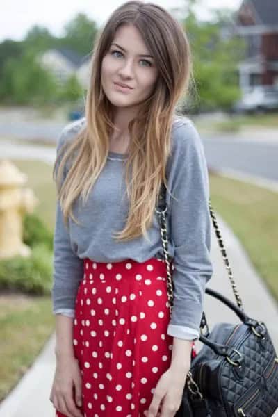 Grey Long Sleeve Tee with Red Polka Dot Skirt