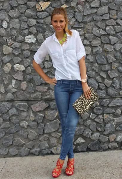 Wear with White Button Up Shirt & Cheetah Clutch Bag