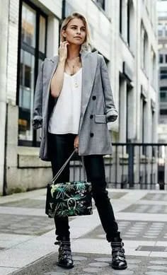 Grey Blazer with White V Neck Chiffon Blouse & Spiked Leather Boots