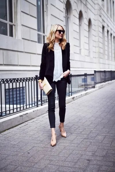 Black Blazer with White Lace Blouse & Skinny Velvet Jeans