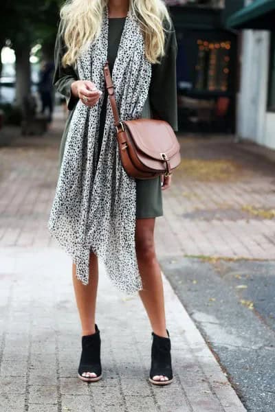 Black and White Chiffon Long Scarf with Grey Mini Shift Dress