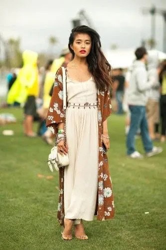 Red Floral Printed Semi-Sheer Kimono with Pale Pink Tank Maxi Dress