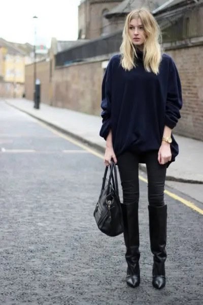 Black Velvet Coat with Matching Skinny Jeans & Knee High Boots