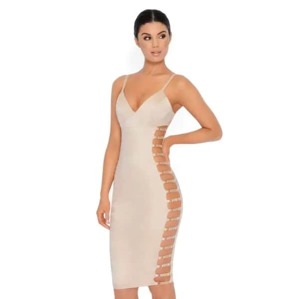 White Deep V Neck Bodycon Mini Dress with Multiple Cut Out Side Details