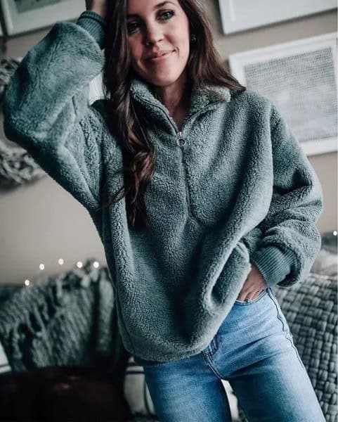 Grey Oversized Fleece Half Zip Sweater & Boyfriend Jeans