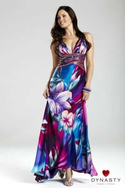 Blue and White Floral Printed Deep V Neck Chiffon Hawaiian Wedding Dress