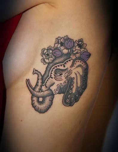 Elephant Head with Trunk Up and Flower Tattoo Designs