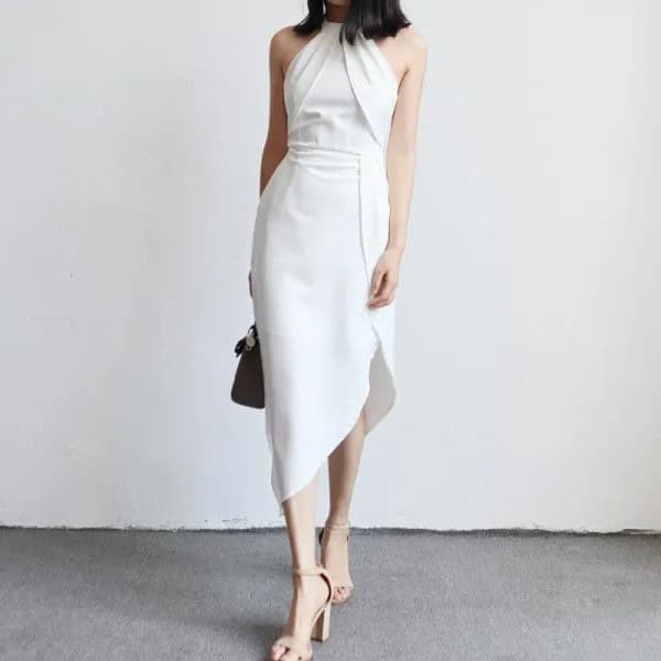 White Halter Neck Gathered Waist Asymmetric Tulip Dress