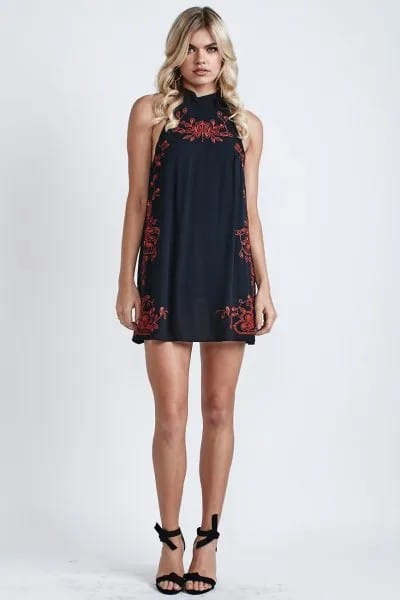 Black Halter Neck Mini Shift Dress with Red Embroidered Details