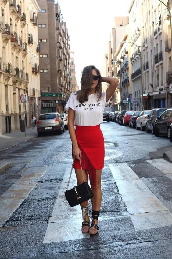 Red Skirt and Lace Up Flats