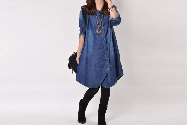 Denim Knee Length Tunic with Leggings & Boho Necklace