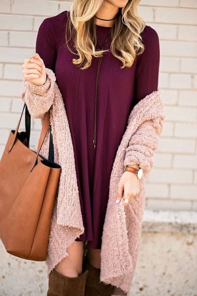 Burgundy Mini Shift Dress with Grey Knit Cardigan