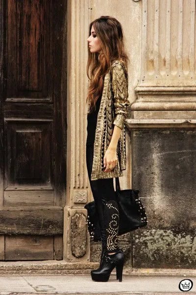 Gold and Black Sequin Longline Cardigan with Skinny Jeans & Heeled Boots