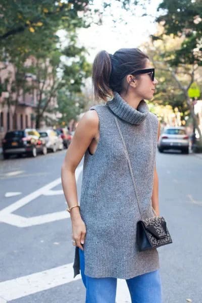 Grey Turtleneck Sleeveless Ribbed Tunic with Blue Straight Leg Jeans