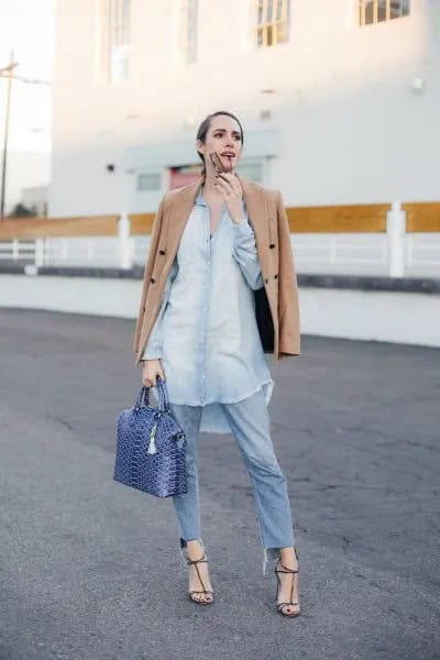 Blush Pink Coat with Light Blue Chambray Button Up Tunic Shirt