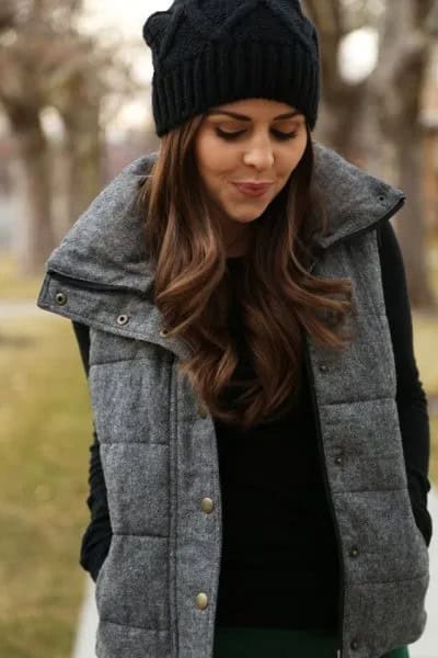 Black Knit Hat with Grey Quilted Long Vest & Knit Sweater