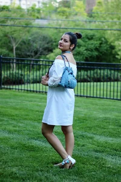 Off The Shoulder White Mini Blouse Dress with Light Blue Denim Backpack