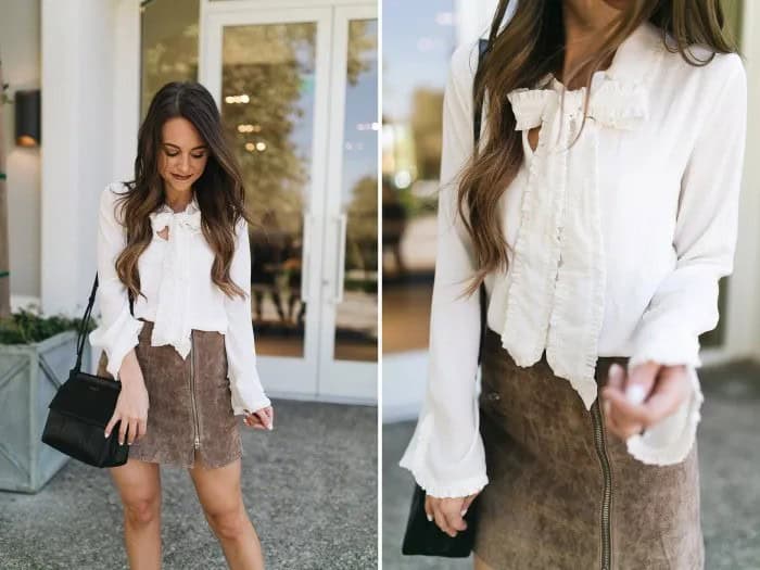 White Bow Blouse with Grey Matte Leather Mini Skirt