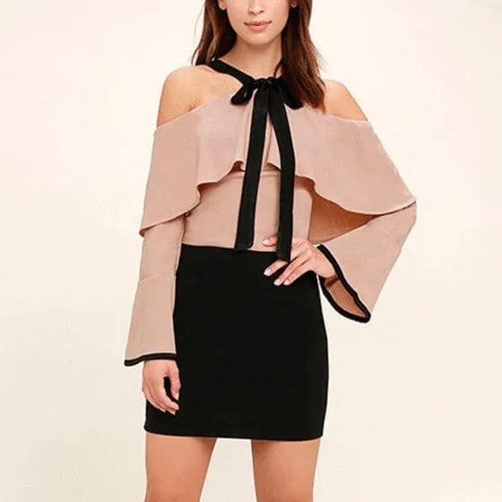 Pink Folded Shoulder Top with Black Mini Skirt