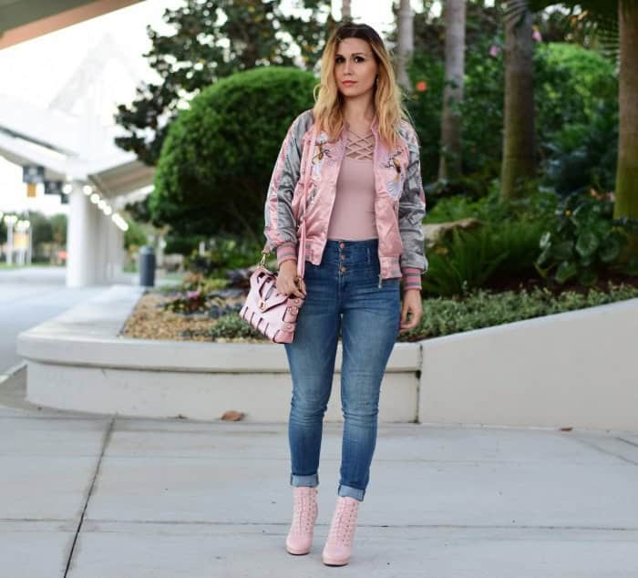 Pink Bomber Jacket with Jeans & Boots