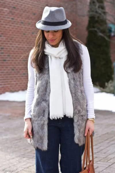 Grey Faux Fur Vest with White Long Sleeve Tee & Matching Scarf