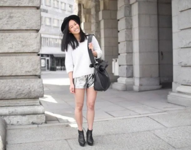 White Half Sleeve Knit Sweater with Silver Shorts & Felt Hat