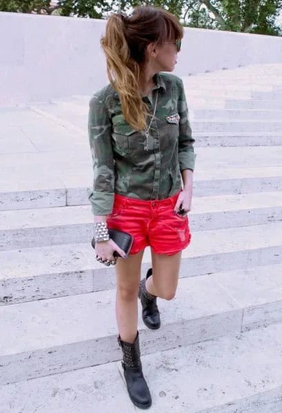 Camo Military Shirt with Orange Mini Denim Shorts