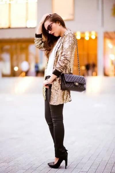 Oversized Sequin Jacket with Black Skinny Jeans