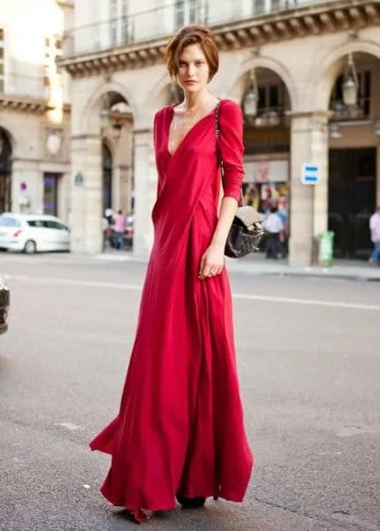 Red Silk Deep V Neck Maxi Dress