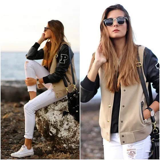 Blush Pink and Black Leather Two-Toned College Jacket with White Jeans