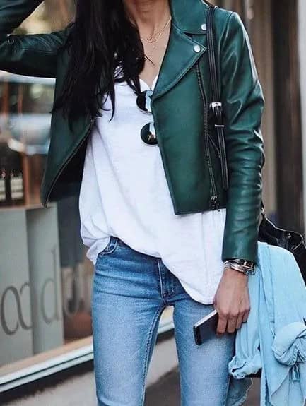 Green Cropped Leather Jacket + White Tee and Jeans