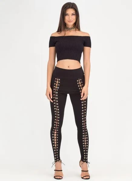 Black Off The Shoulder Crop Top with High Rise Leggings