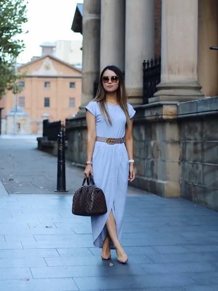 Sky Blue Cap Sleeve Wrap Belted Maxi Dress with Pale Pink Heels