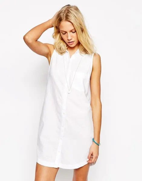 White Sleeveless Shirt Dress with Sneakers