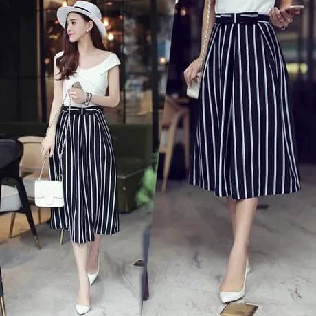 Cropped Black and White Striped Wide Leg Pants with White Felt Hat