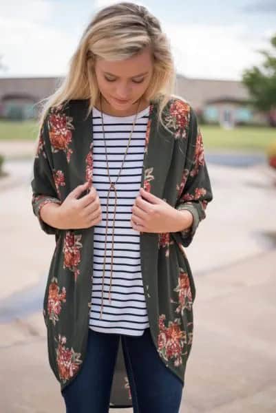 Green Kimono Jacket with Black and White Horizontal Striped Tee