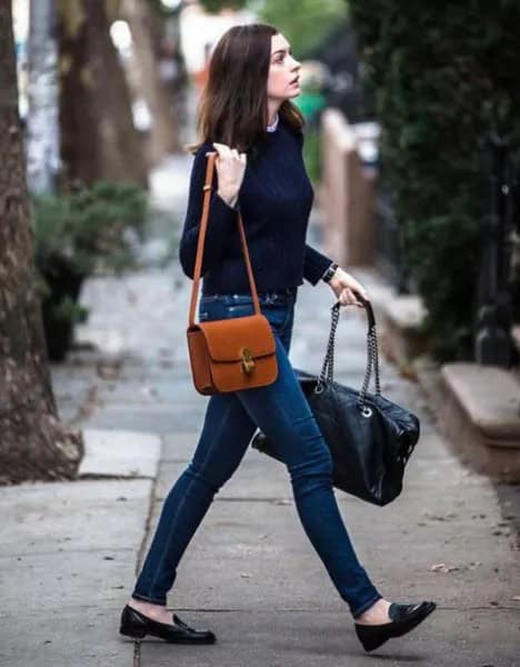 Brown Leather Shoulder Bag with Black Sweater & Dark Blue Jeans